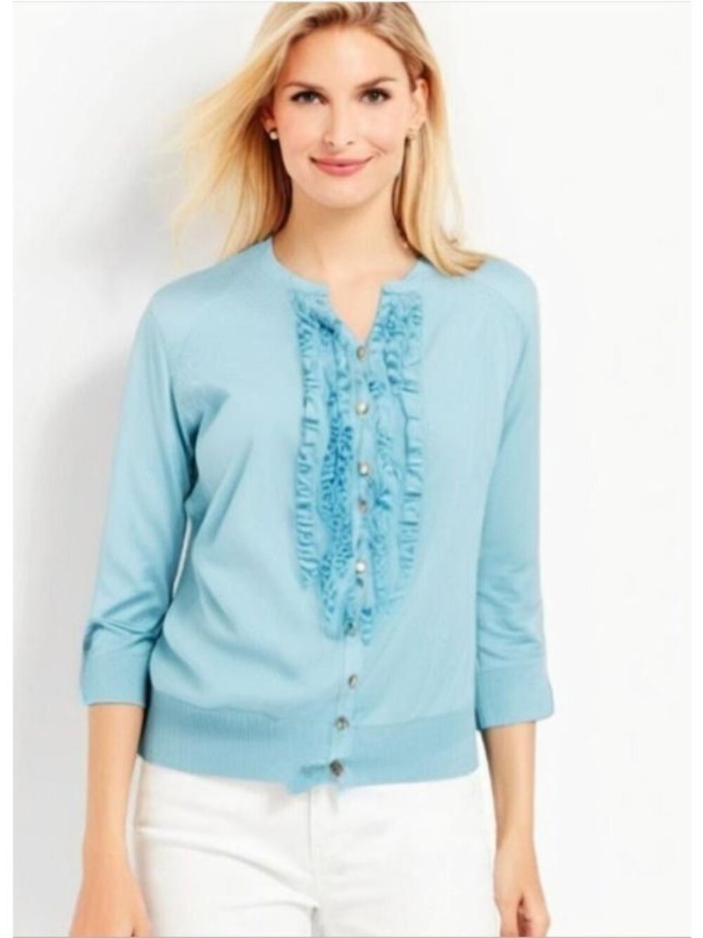Talbots Women's‎ Ruffle-Front 3/4 Sleeve Cardigan Sweater Light Blue Size Medium - Picture 10 of 10